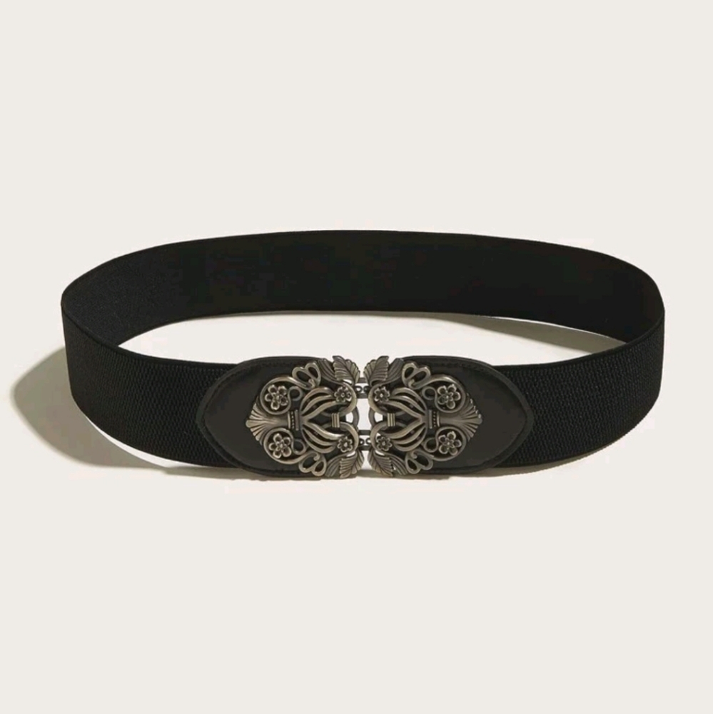 Plus Black Vintage floral buckle corset boho elastic wide steampunk waist belt - Picture 3 of 6